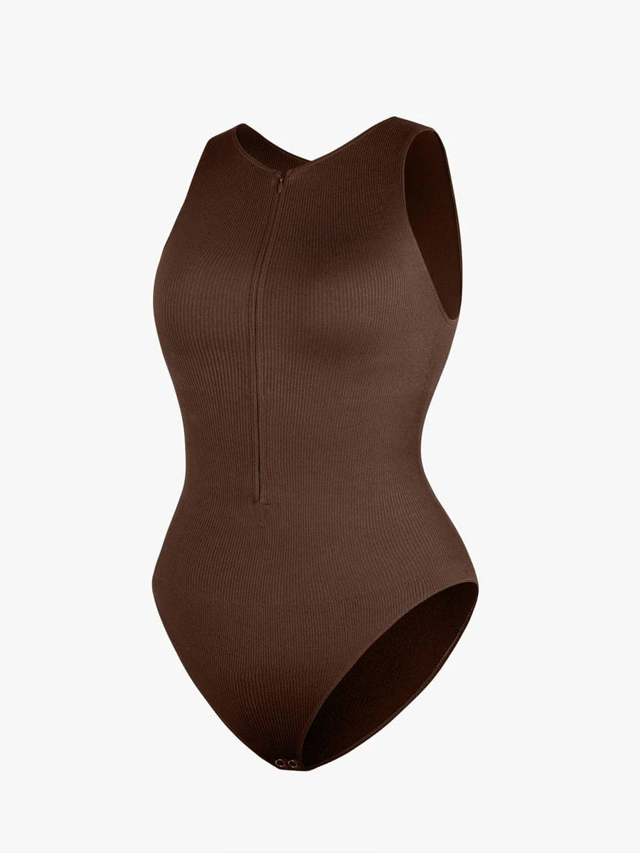Seamless Sleeveless Bodysuit with Ribbed Texture and Front Zipper