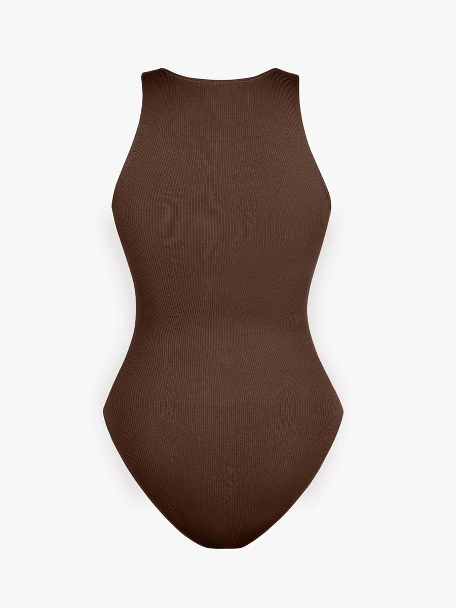Seamless Sleeveless Bodysuit with Ribbed Texture and Front Zipper