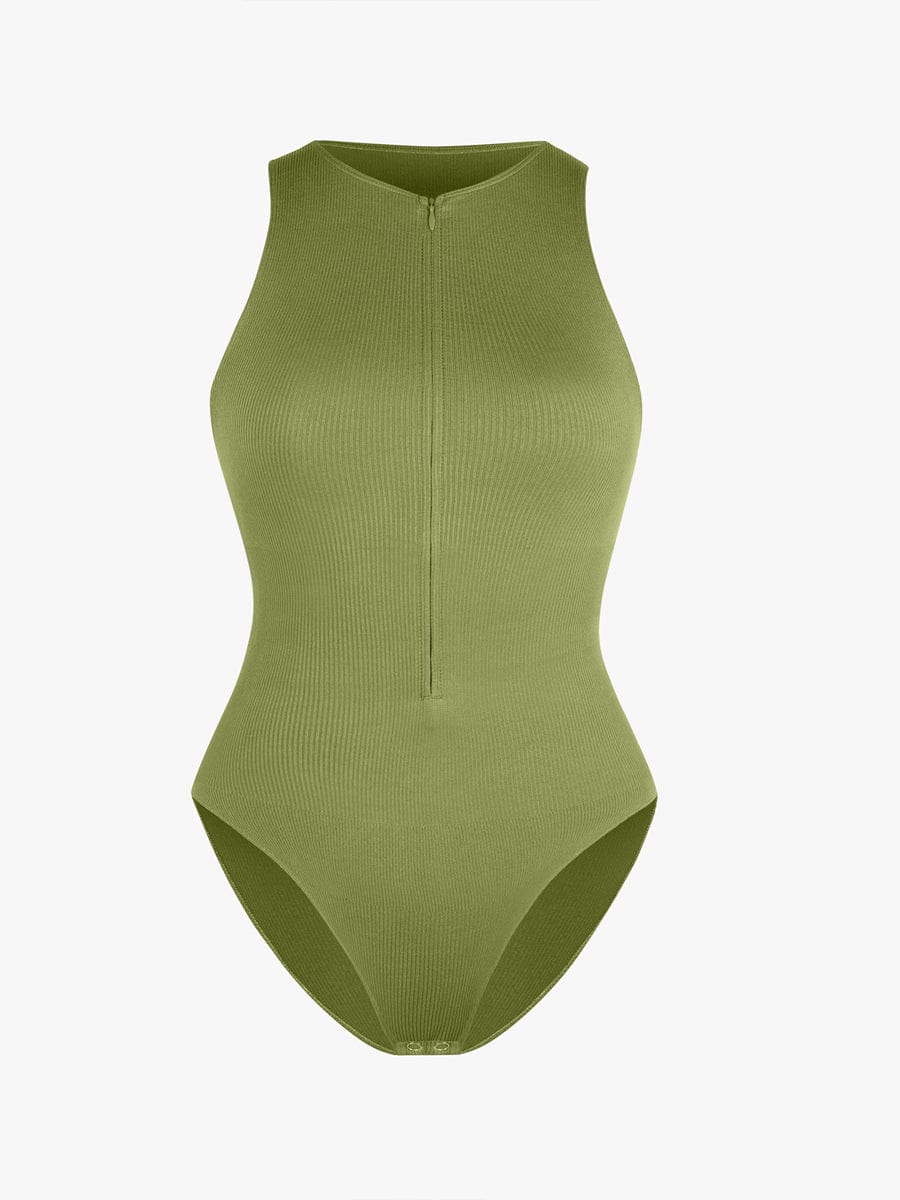 Seamless Sleeveless Bodysuit with Ribbed Texture and Front Zipper