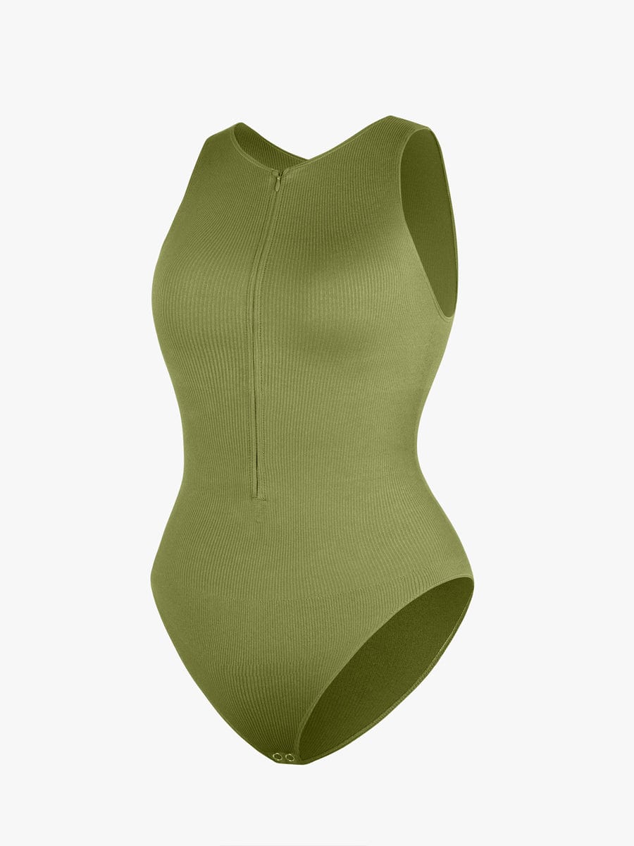 Seamless Sleeveless Bodysuit with Ribbed Texture and Front Zipper