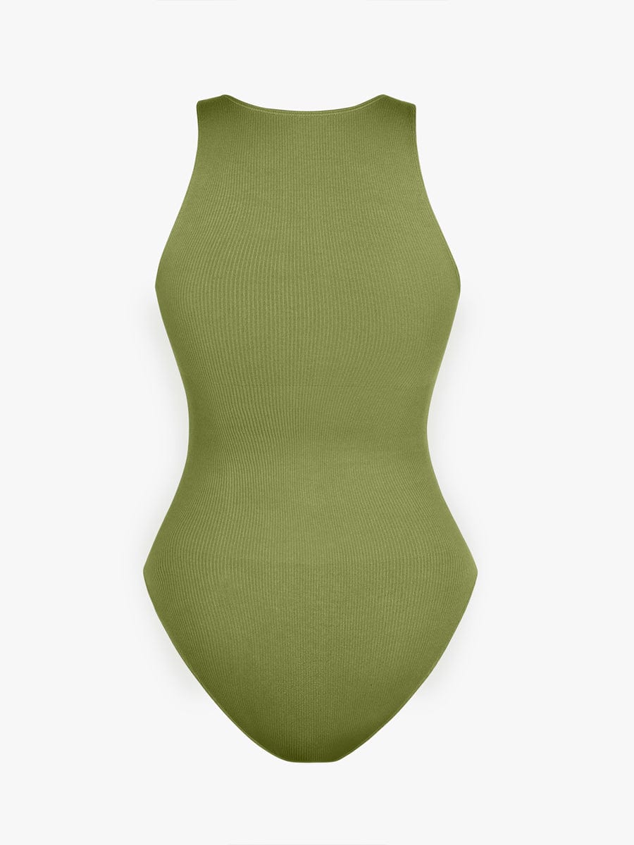 Seamless Sleeveless Bodysuit with Ribbed Texture and Front Zipper