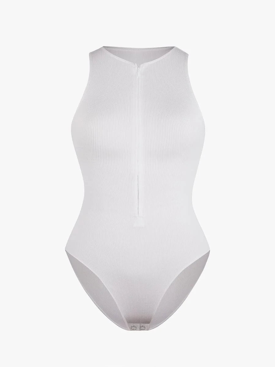 Seamless Sleeveless Bodysuit with Ribbed Texture and Front Zipper