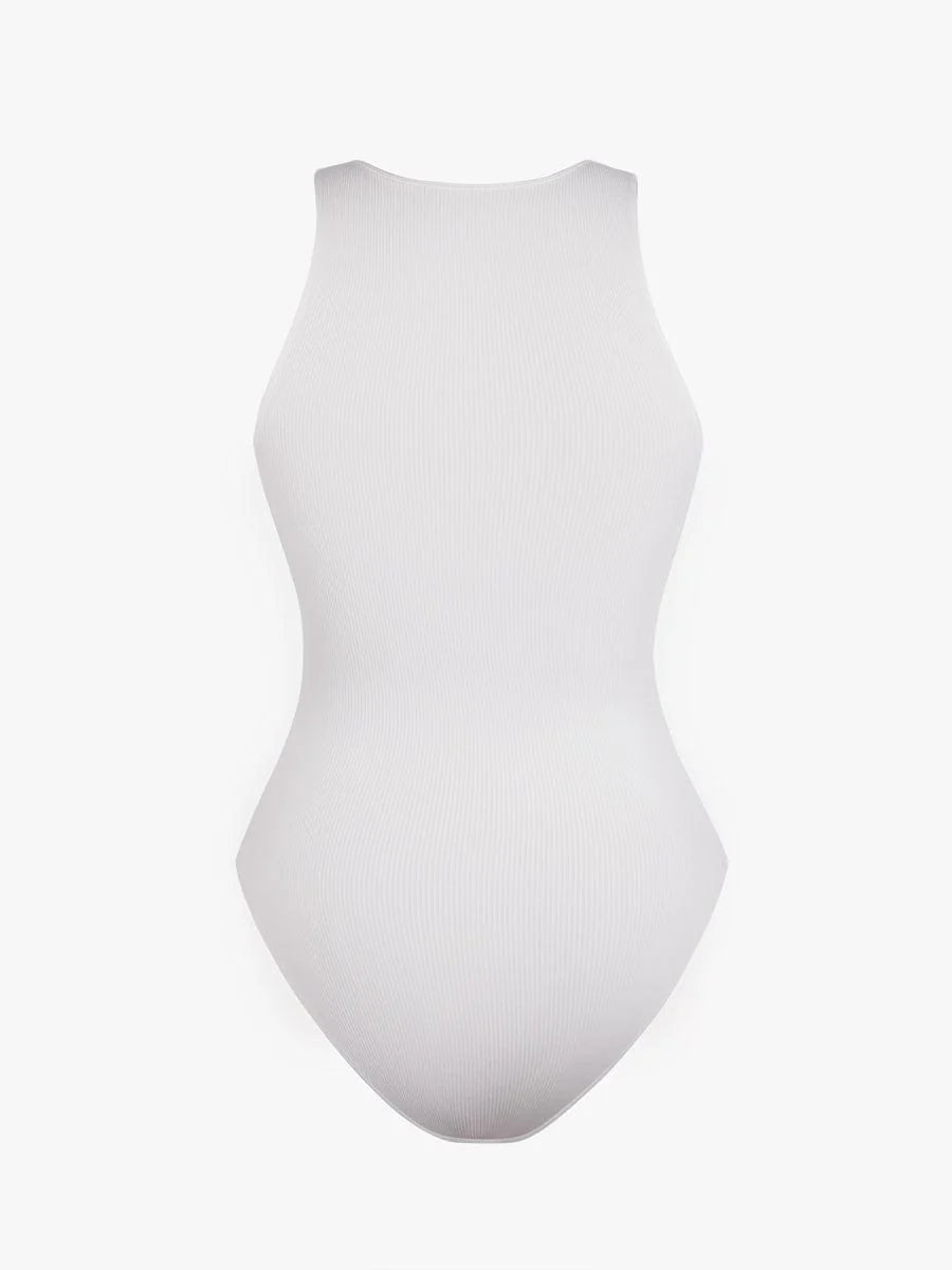Seamless Sleeveless Bodysuit with Ribbed Texture and Front Zipper