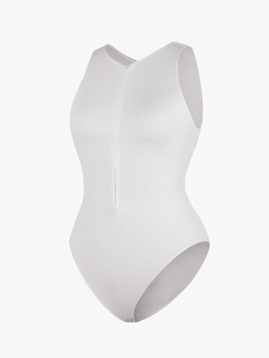 Seamless Sleeveless Bodysuit with Ribbed Texture and Front Zipper