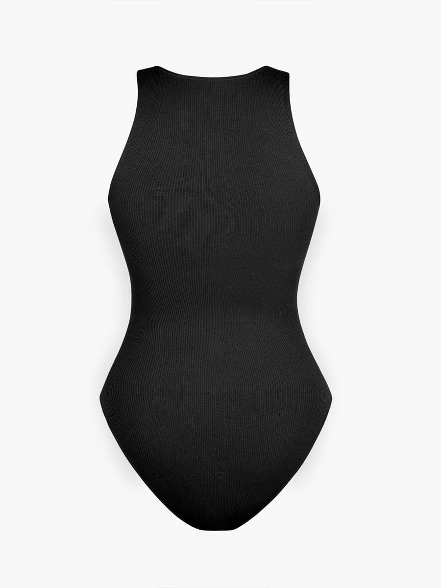 Seamless Sleeveless Bodysuit with Ribbed Texture and Front Zipper