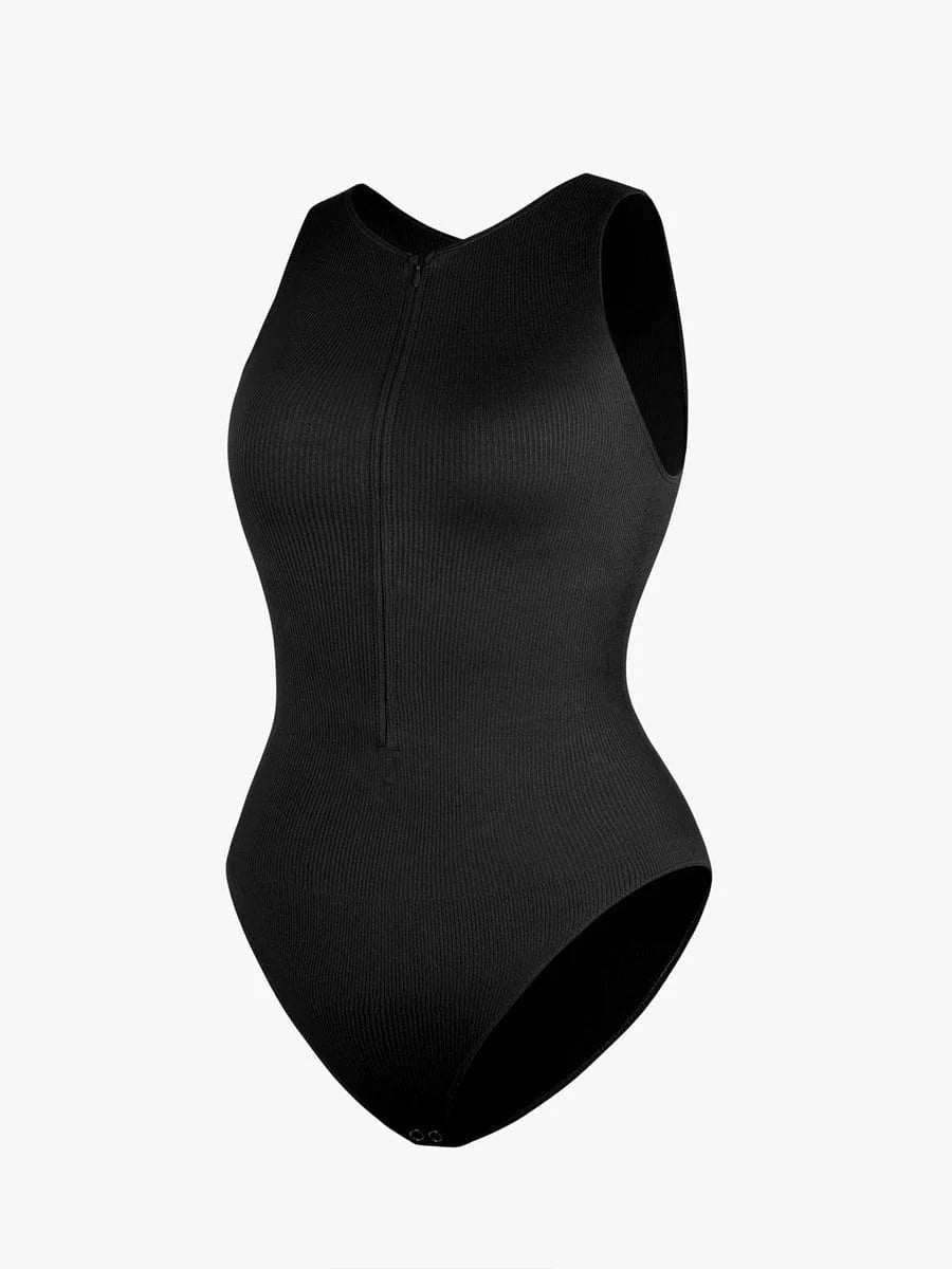 Seamless Sleeveless Bodysuit with Ribbed Texture and Front Zipper