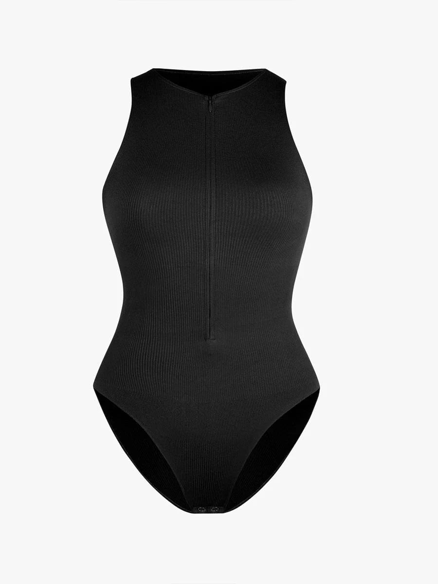 Seamless Sleeveless Bodysuit with Ribbed Texture and Front Zipper