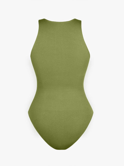 Seamless Sleeveless Bodysuit with Ribbed Texture and Front Zipper