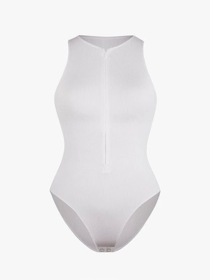Seamless Sleeveless Bodysuit with Ribbed Texture and Front Zipper