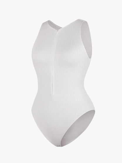 Seamless Sleeveless Bodysuit with Ribbed Texture and Front Zipper